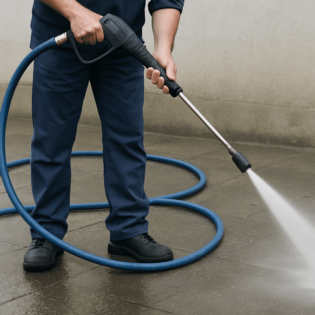 Ein Hochdruckreiniger im Einsatz mit einem professionellen Wasserschlauch
