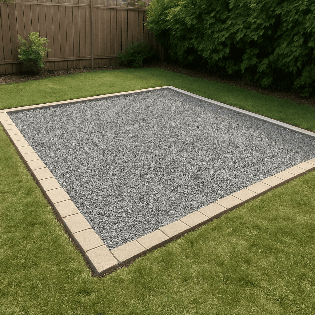 Ein perfekt vorbereitetes Schotterfundament für einen Aufstellpool im Garten