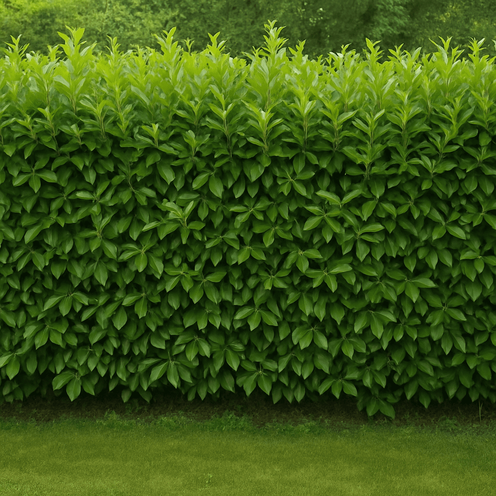 Eine dichte, grüne Kirschlorbeerhecke als natürliche Gartenbegrenzung