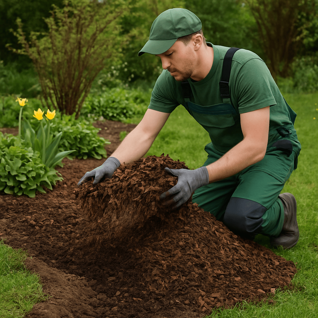 Gärtner bringt Mulchschicht auf einem Gartenbeet aus