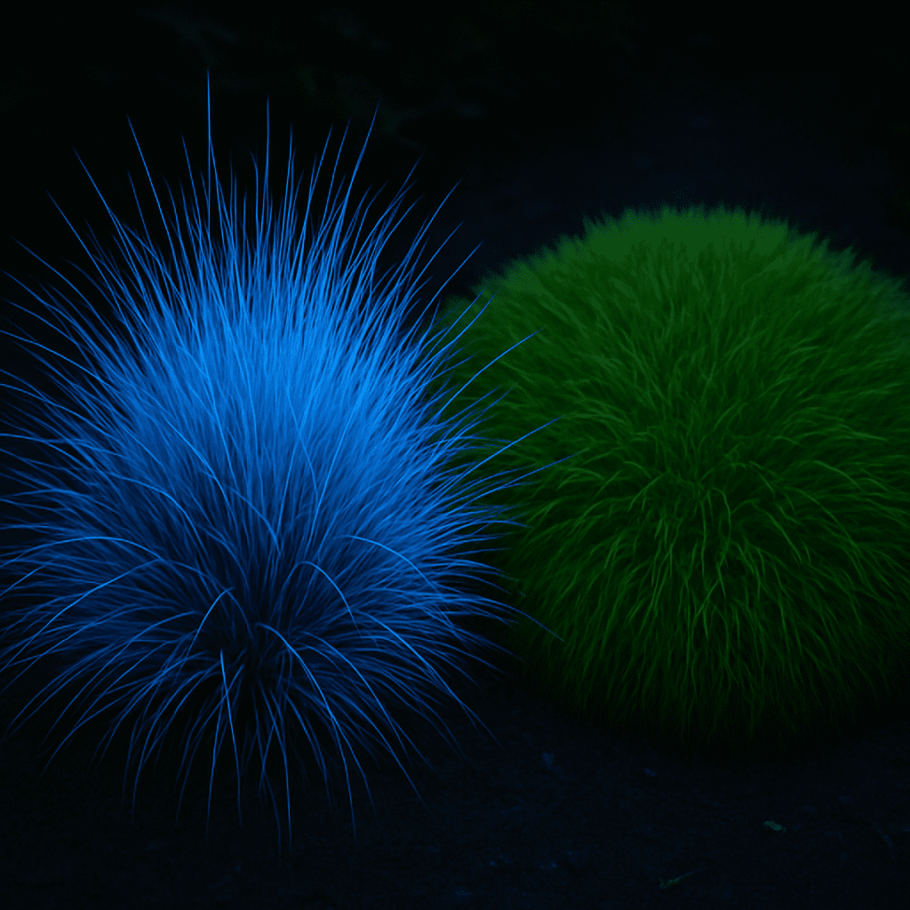 Vergleichsbild: Ein blau leuchtender Blauschwingel neben einem sattgrünen, polsterartigen Bärenfellschwingel