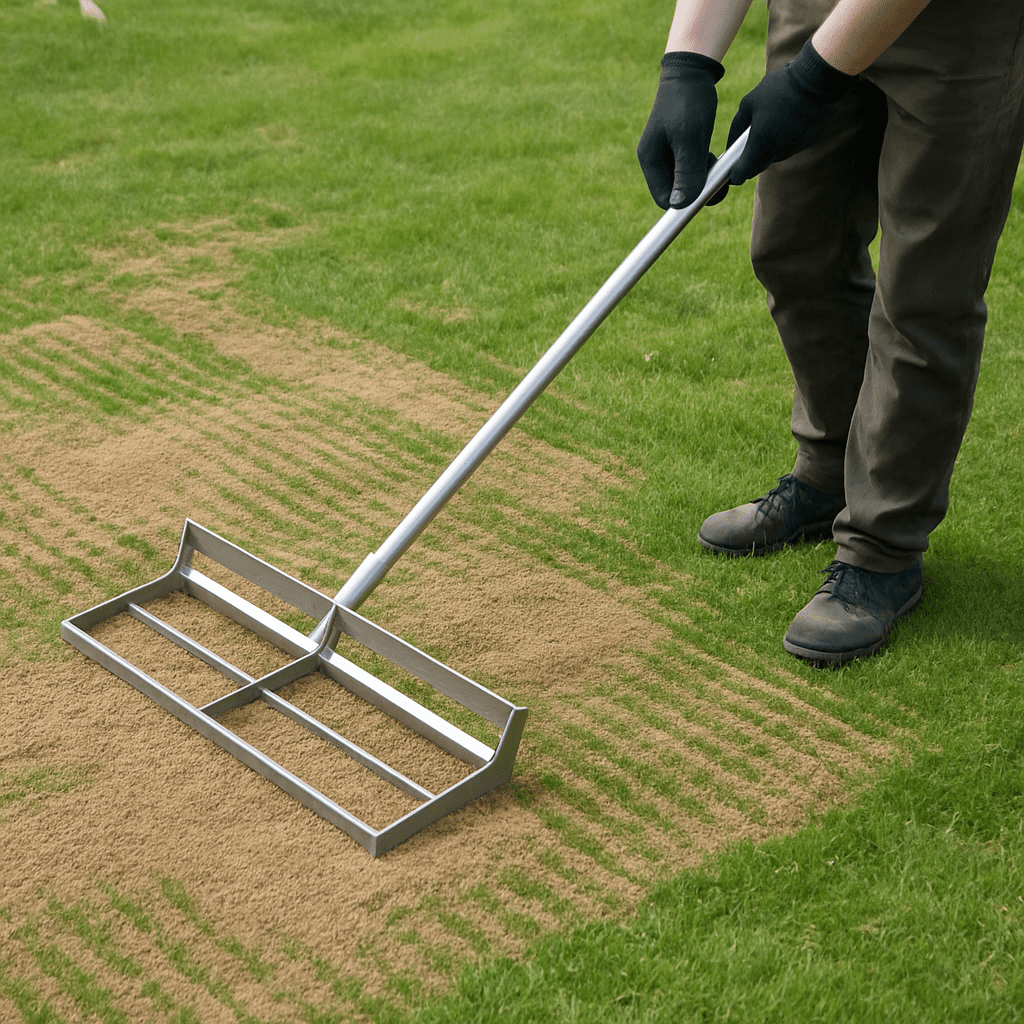 Gleichmäßiges Verteilen von Sand auf dem Rasen mit einer Rasenrakel