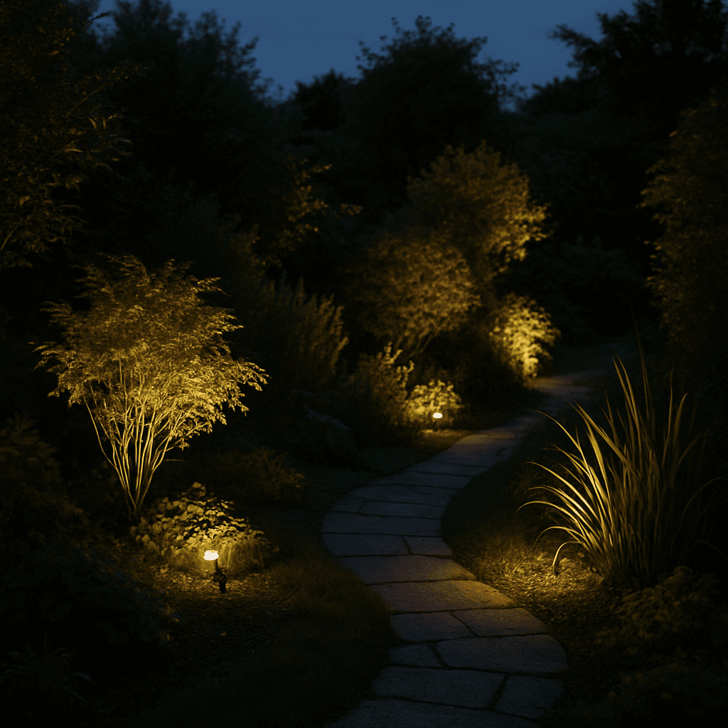 Stimmungsvolle Gartenbeleuchtung am Abend mit Strahlern, die Pflanzen und Gehwege sanft anleuchten