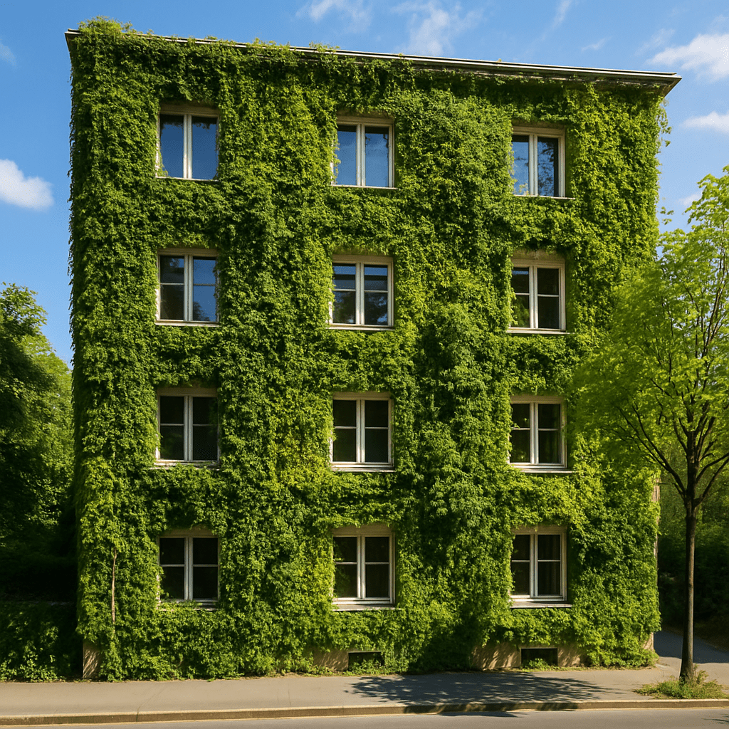 Eine großflächig begrünte urbane Hausfassade an einem sonnigen Tag