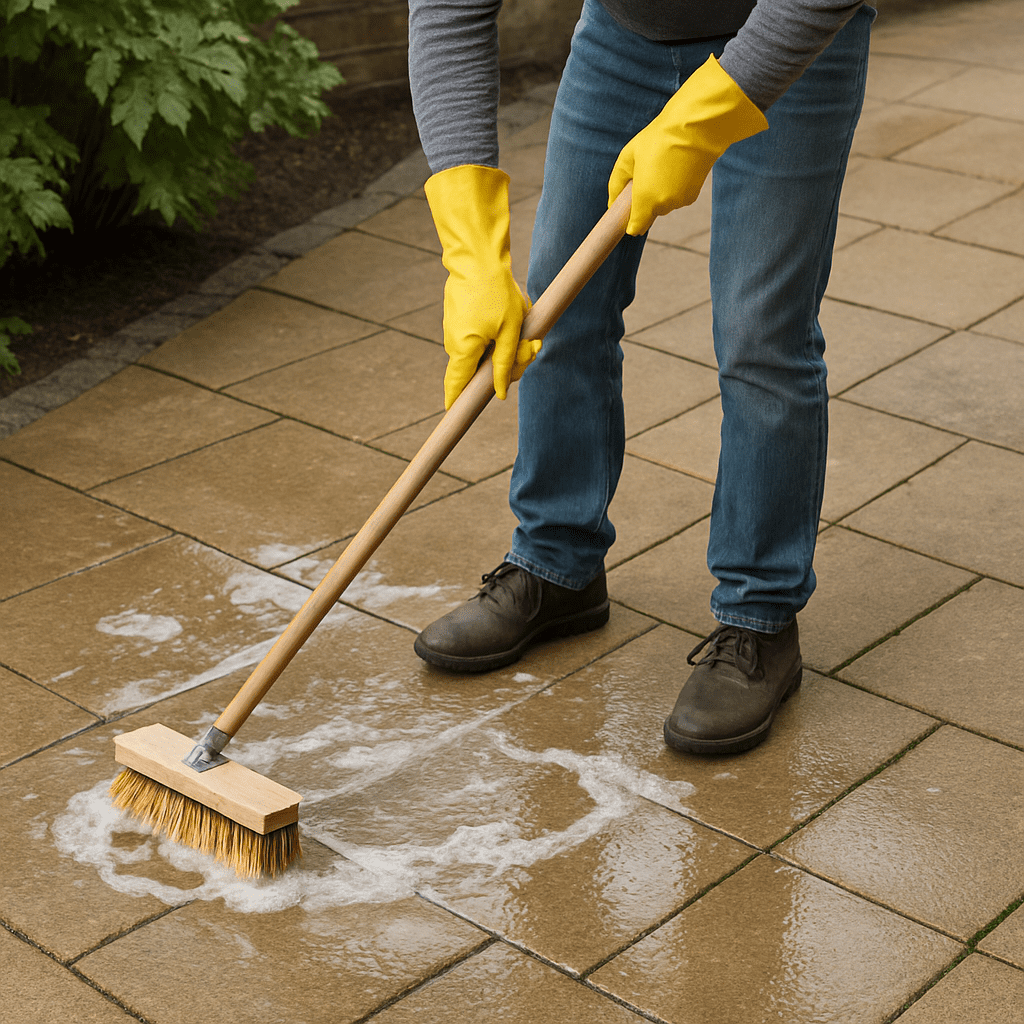 Eine Person reinigt die Terrassenplatten mit einem Schrubber und Wasser