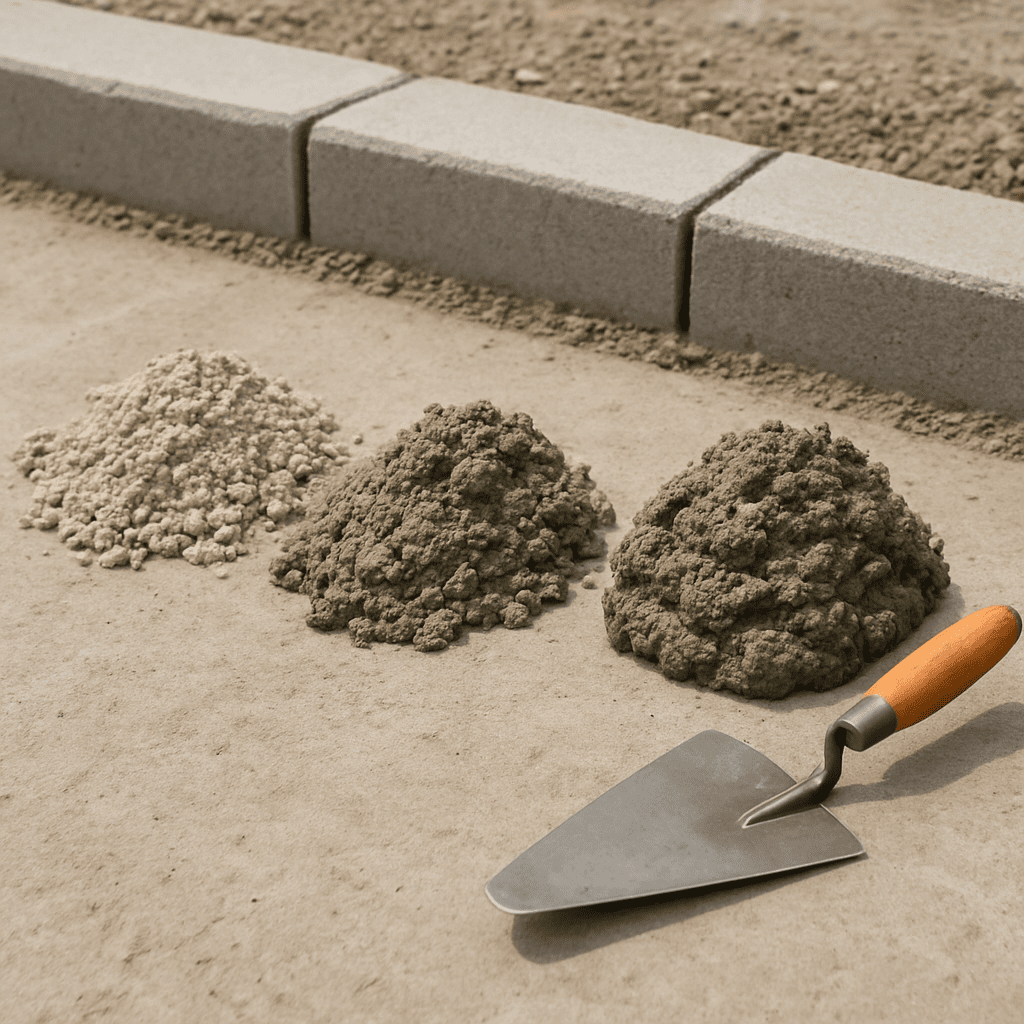 Verschiedene Betonsorten und eine Kelle neben fertig gesetzten Randsteinen