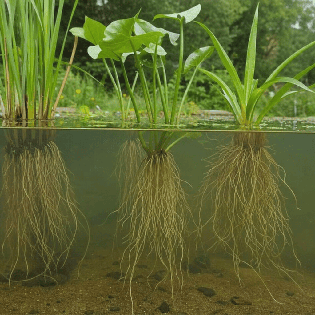Sumpfpflanzen mit langen Wurzeln im Wasser