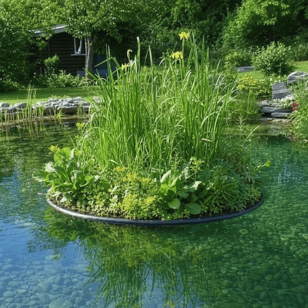 Grüne bepflanzte Schwimminsel auf einem klaren Gartenteich